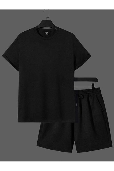 Mythologie King Line T-Shirt Shorts Combination Set - Black Printed Oversize Crew Neck