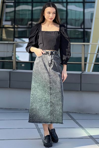 GÜLSELİ Fustă de jeans cu ciucuri antracit