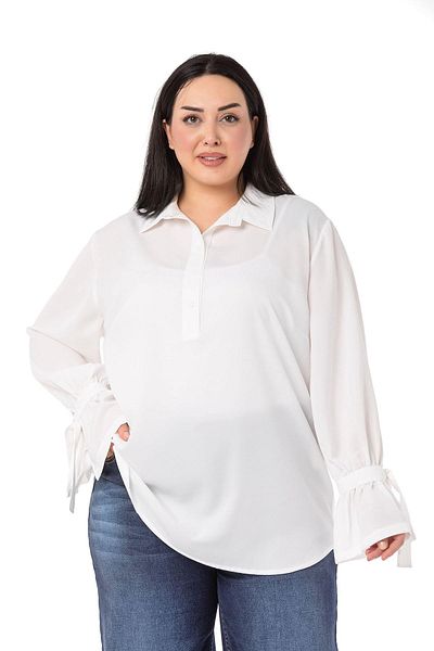 DISENTIS MODEST Plus Size White Shirt with Binding Detail on Sleeves