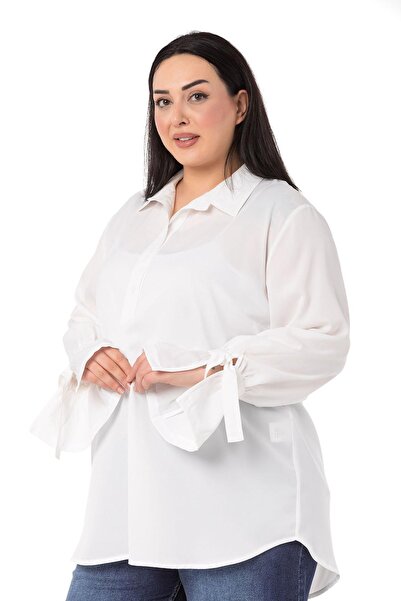 DISENTIS MODEST Plus Size White Shirt with Binding Detail on Sleeves