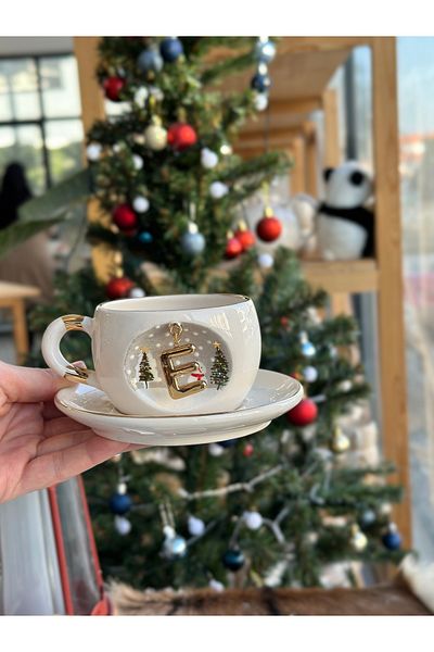 BSK Ceramic Tea Coffee Cup - New Year Snowman Pine Tree Mug with Letters Gift E