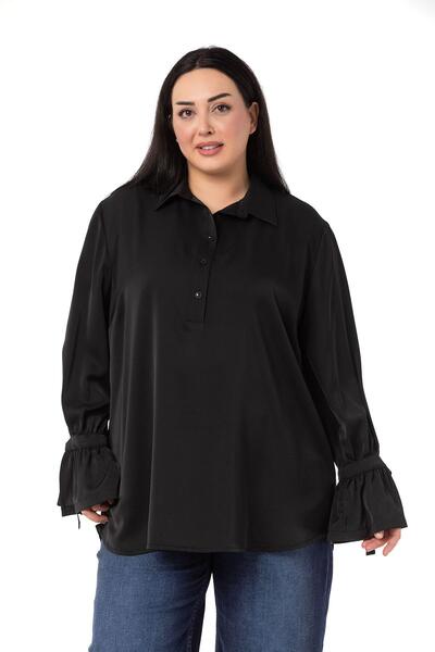 DISENTIS MODEST Büyük Beden Kolları Bağlama Detaylı Siyah Gömlek