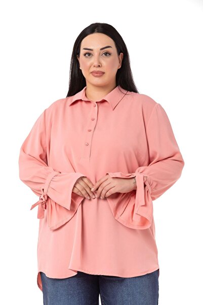 DISENTIS MODEST Büyük Beden Kolları Bağlama Detaylı Gül Kurusu Gömlek