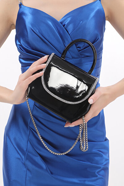 Piedra Black Color Shiny Patent Leather Stone Chain Strap New Season Women's Evening Dress Porfoy Wedding Clutch Bag