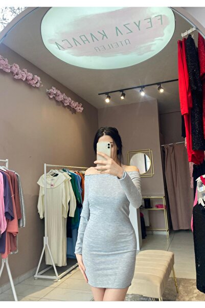 Butik Madonna Yaka Gri elbise