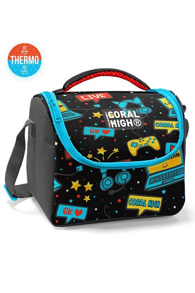 Coral High 11892 Model - Kids Black Blue Gamer Patterned Thermo Lunchbox