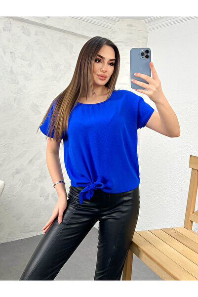 modavingo بلوزة نسائية من قماش ساكس بلو إيروبين بياقة دائرية وربطة عنق