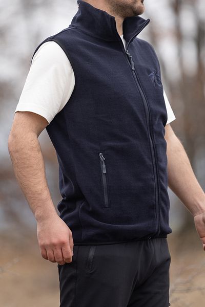 Huğlu Navy Blue Two Pockets Zippered Fleece Vest with Eagle Embroidery