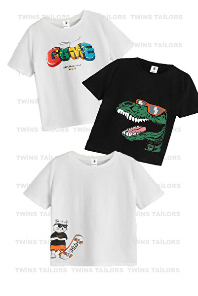 twins tailors Dinosaur Printed 3 Pack Unisex Ασπρόμαυρο Παιδικό T-Shirt/T-Shirt