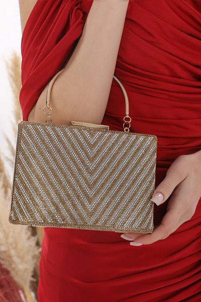 womenacs Γυναικείο βραδινό φόρεμα Clutch Τσάντα Clutch σε χρυσό χρώμα Triangle Stone