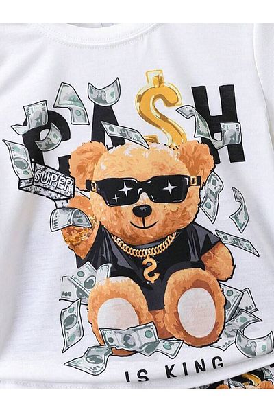 Machetta Children's Teddy Bear Design Printed Top and Bottom Set Cotton Shorts T-Shirt Set