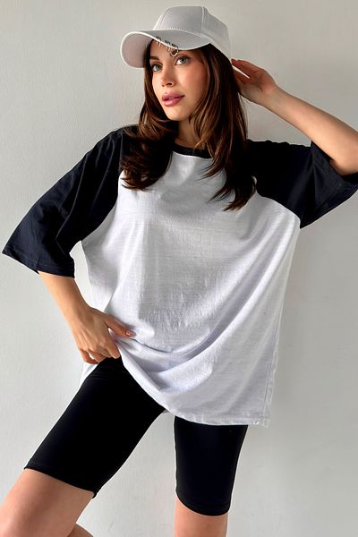 MODAGEN Μπλουζάκι Unisex White Sleeves Navy Blue Oversize