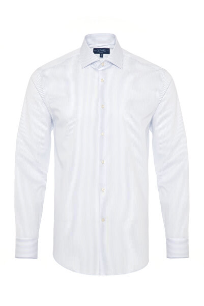 Germirli Non Iron Lacivert Çizgili Klasik Yaka Tailor Fit Gömlek