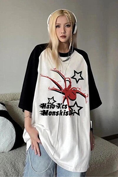 DEEFWEAR Beyaz Unisex Siyah Reglan Streetwear Spider Halo Star T-Shirt -minga...