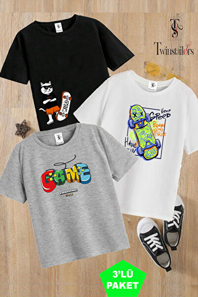 twins tailors Skateboard Printed 3 Pack Unisex Λευκό-Μαύρο-Γκρι Παιδικό T-Shi...