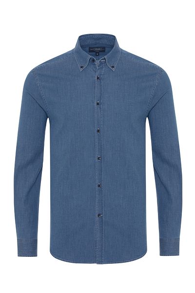 Germirli Blue Buttoned Collar Tailor Fit Men's Denim Shirt