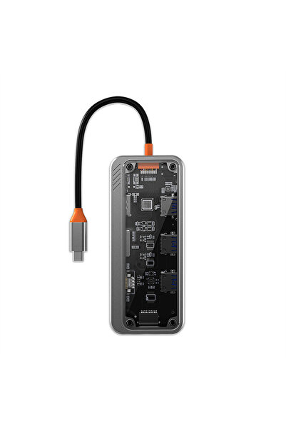Ally SW1V-PRO Type-c To USB3.0 3adet+ 3.5mm+ HDMI+ VGA+ SD + TF + Ethernet Çoğaltıcı Transparan Hub
