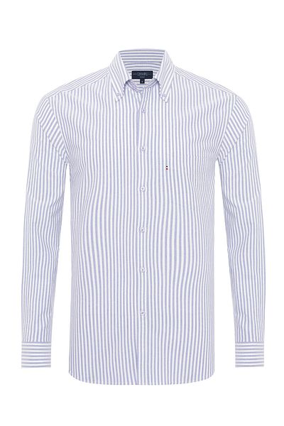 Germirli Purple White Striped Tailor Fit Comfortable Fit Button Collar Sports Oxford Organic Cotton Shirt