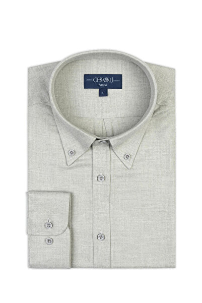 Germirli Light Gray Buttoned Collar Albini Cotton Tailor Fit Comfortable Fit Herringbone Flannel Shirt