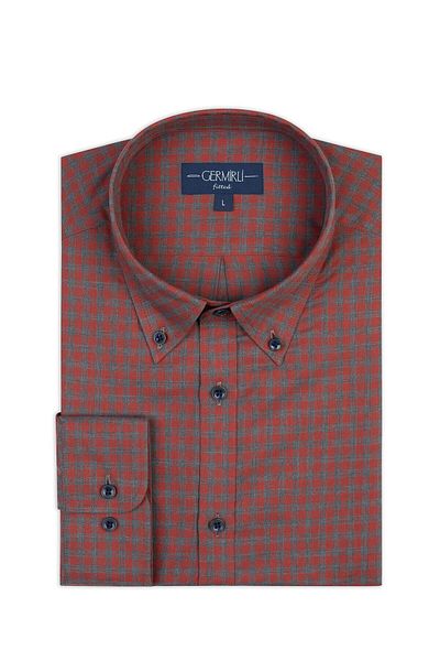 Germirli Gray Red Buttoned Collar Albini Tailor Fit Comfortable Fit Checkered Thin Flannel Shirt
