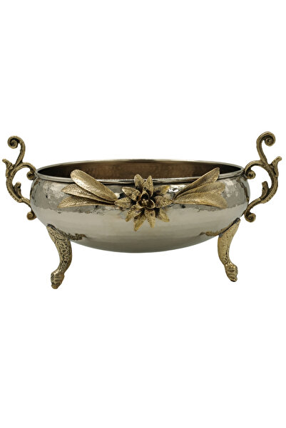 ANTEPSEPETİ Silver Plated Copper Fruit Bowl with Rose Motif 25 Cm