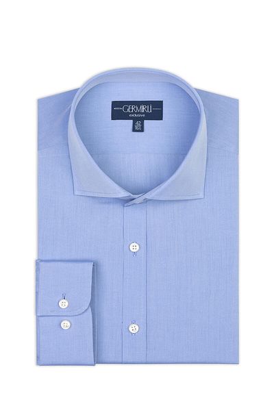 Germirli Blue Plain Tailor Fit Comfortable Fit Italian Collar Satin Textured Cotton Exclusive Shirt