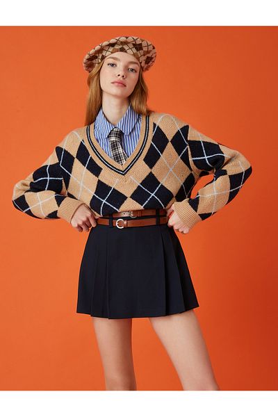 Koton Oversize Knitwear Sweater with Diamond Pattern