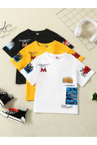 Machetta طقم تي شيرت قطني كبير الحجم مطبوع للأطفال مكون من 3 قطع