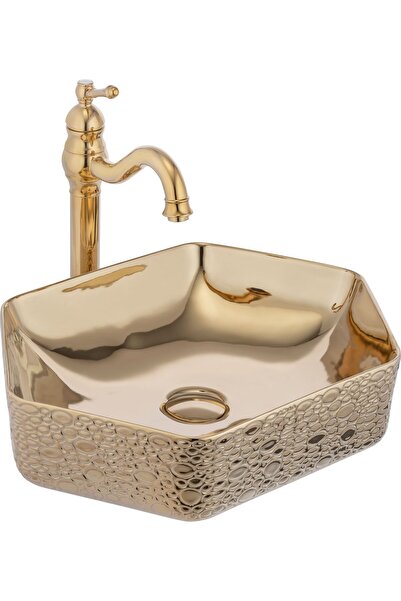 İSAOĞLU YAPI Gold Çanak Lavabo Seramik Banyo Lavabosu Altın 47X36 Armatür Hariçtir