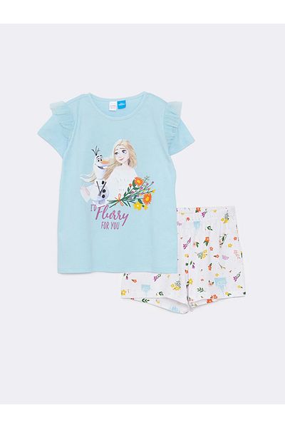 LC Waikiki Set de pijamale pentru fete, cu mâneci scurte, cu imprimeu Elsa, cu decolteu rotund LCW Kids