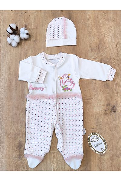 Tomuycuk Baby Girl Jumpsuit with Hat Swan Embroidery Embroidered 100% Cotton Newborn Baby Gift
