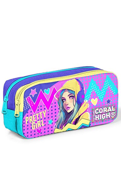 Coral High Lavanta Turkuaz Kulaklıklı Kız Desenli İki Bölmeli Kalem Çantası
