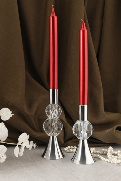 TR Turan Collection Bella 2'li Şamdan Şeffaf Kristal Taş Dekorlu Gümüş Renk M...