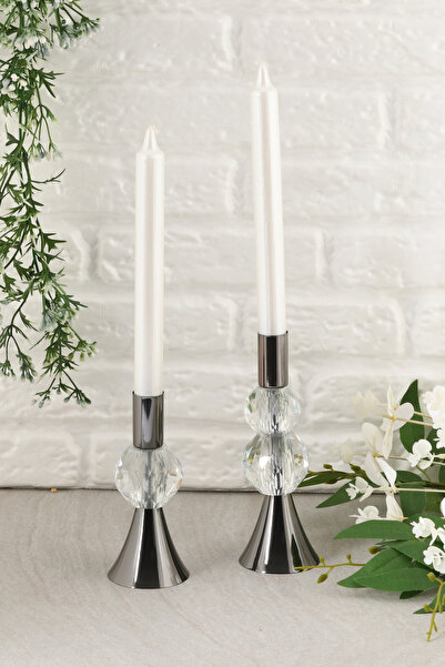 TR Turan Collection BELLA 2'li Şamdan Şeffaf Kristal Taş Dekorlu Platin Renk ...