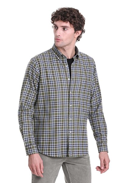 Hatemoğlu Haki Comfort Fit Kareli Düğmeli Yaka Uzun Kollu Casual Gömlek