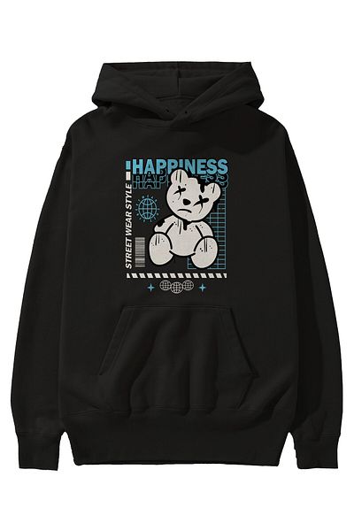 Ankhises Happiness Bear 2 Hanorac negru cu glugă oversize cu imprimeu frontal Bărbați Femei