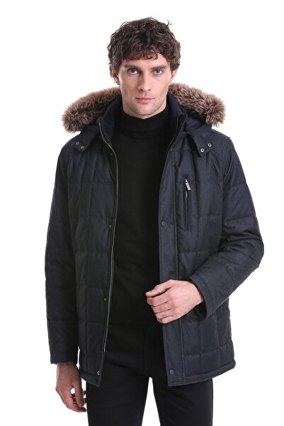 Hatemoğlu Navy Blue Slim Fit Plain Judge Collar Fur Hooded Coat