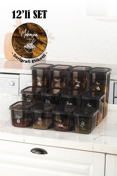 Vienev Set of 12 Peggy Rectangular Storage Containers with White Screen Printing Labels 4x(1.3 LITER, 2 LITER, 3.2 LITER)