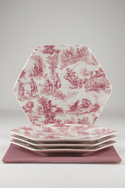 Bursa Porselen Dekor Pembe İngiliz 4 parça tatlı/kurabiye tabağı