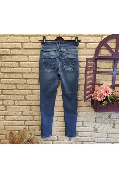 rengamoda Pantaloni de damă albaștri cu talie înaltă din lycra