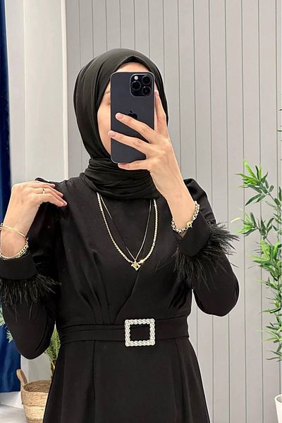Neşeli Butik γυναικείο μολύβι ζώνη μανίκι με λεπτομερή ισλαμικό φόρεμα SMS034