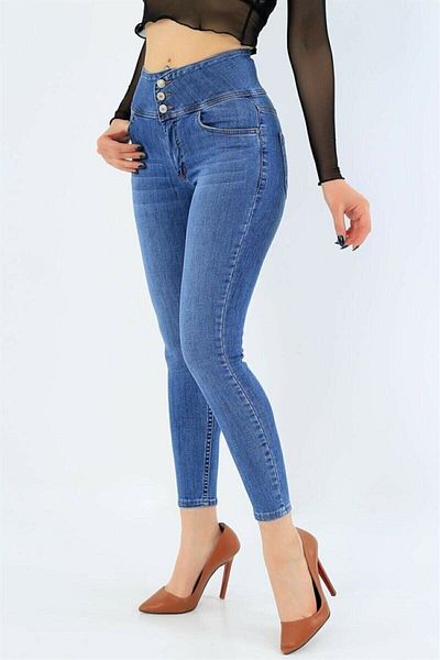 rengamoda Blugi de dama Lycra cu talie inalta albastra - 90 Cm Slim Fit