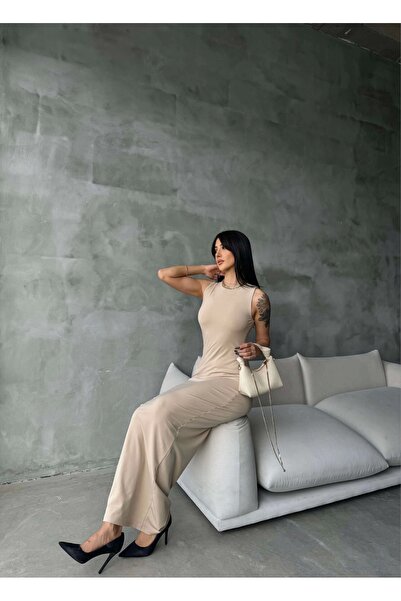 Eka Kadın Bej Sıfır Kol Uzun Elbise 0956-1998