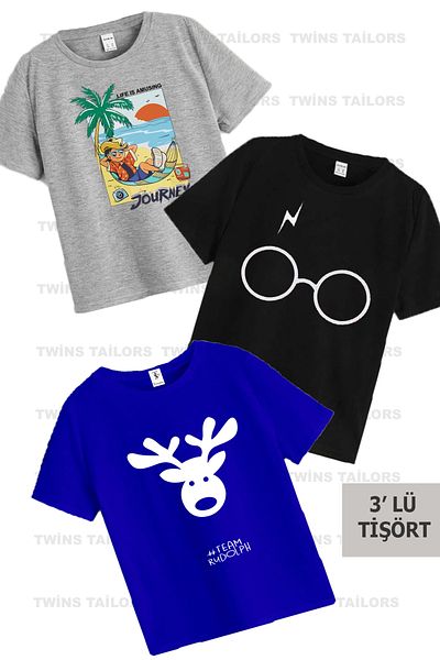 twins tailors Pachet de 3 tricouri/tricouri pentru copii cu tematică de vară unisex negru-gri-sax albastru