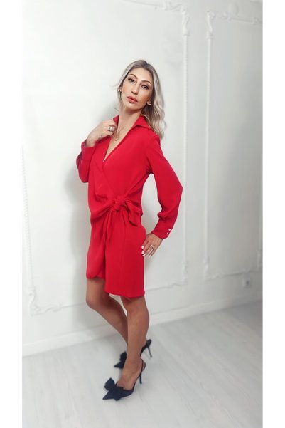 BLESS STUDIO Charissa Kruvaze Bağlamalı Kırmızı Mini Elbise