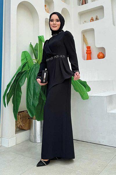 Bym Fashion Βραδινό Φόρεμα Cross Look Πέτρινο Κεντημένο με Φούστα 3874 Μαύρο