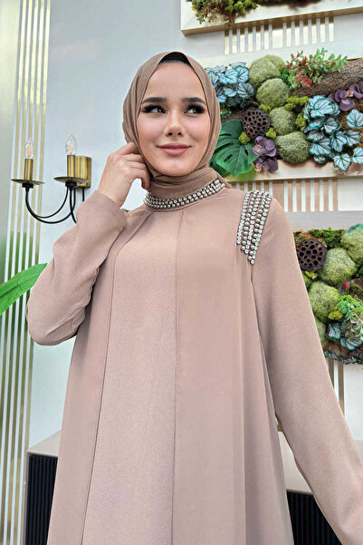 Bym Fashion Φόρεμα με λεπτομέρεια από πέτρα λαιμού και ώμου 3876 Mink