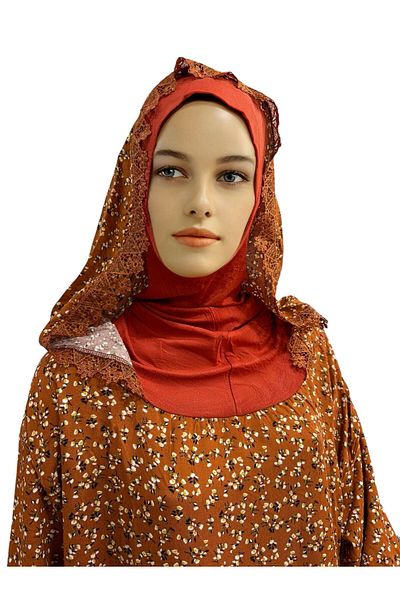 Mercan Hijab Prayer Dress Hooded Lace Flower Patterned