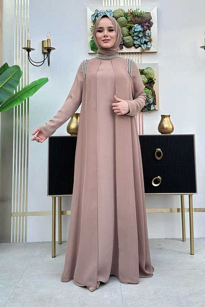 Bym Fashion Φόρεμα με λεπτομέρεια από πέτρα λαιμού και ώμου 3876 Mink