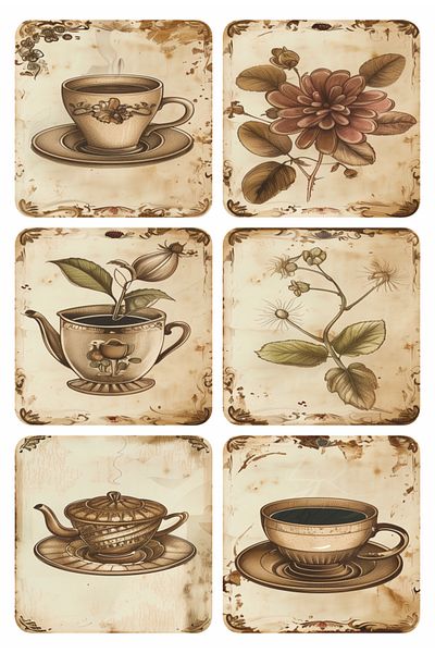 Hayat Poster Tea Flower Herb Teacup Tea Kitchen Cafe Decor Painting Set of 6 Wooden Coasters
